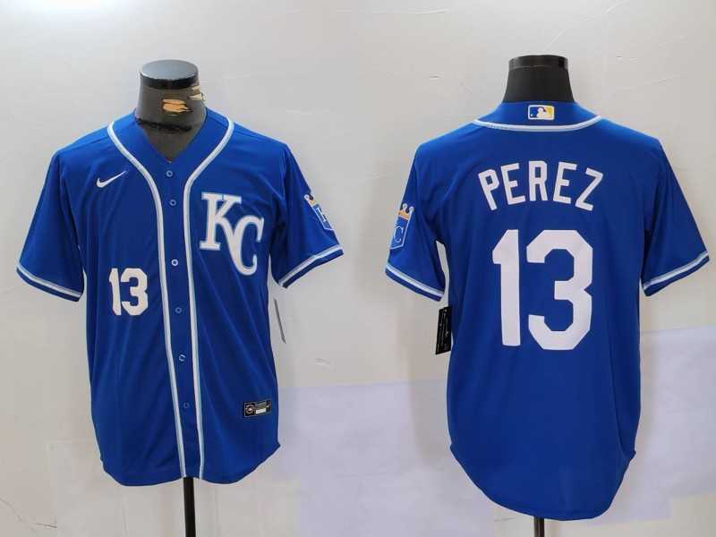 Men%27s Kansas City Royals #13 Salvador Perez Number Blue KC Cool Base Stitched Jersey